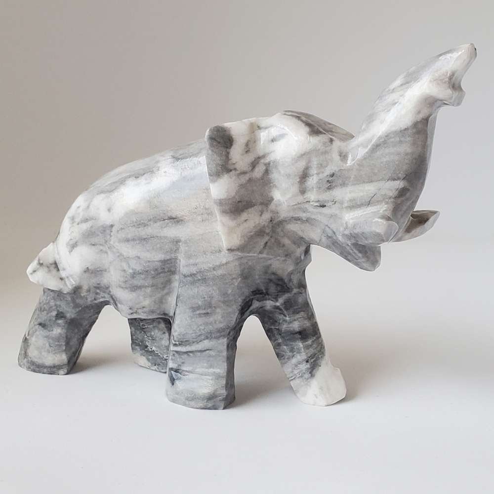 Large Vintage Marble Stone Carved Elephant Figurine Grey & White Lucky Trunk Up